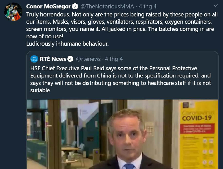 Conor McGregor chỉ trích Trung Quốc hỗ trợ thiết bị kém chất lượng cho Ireland